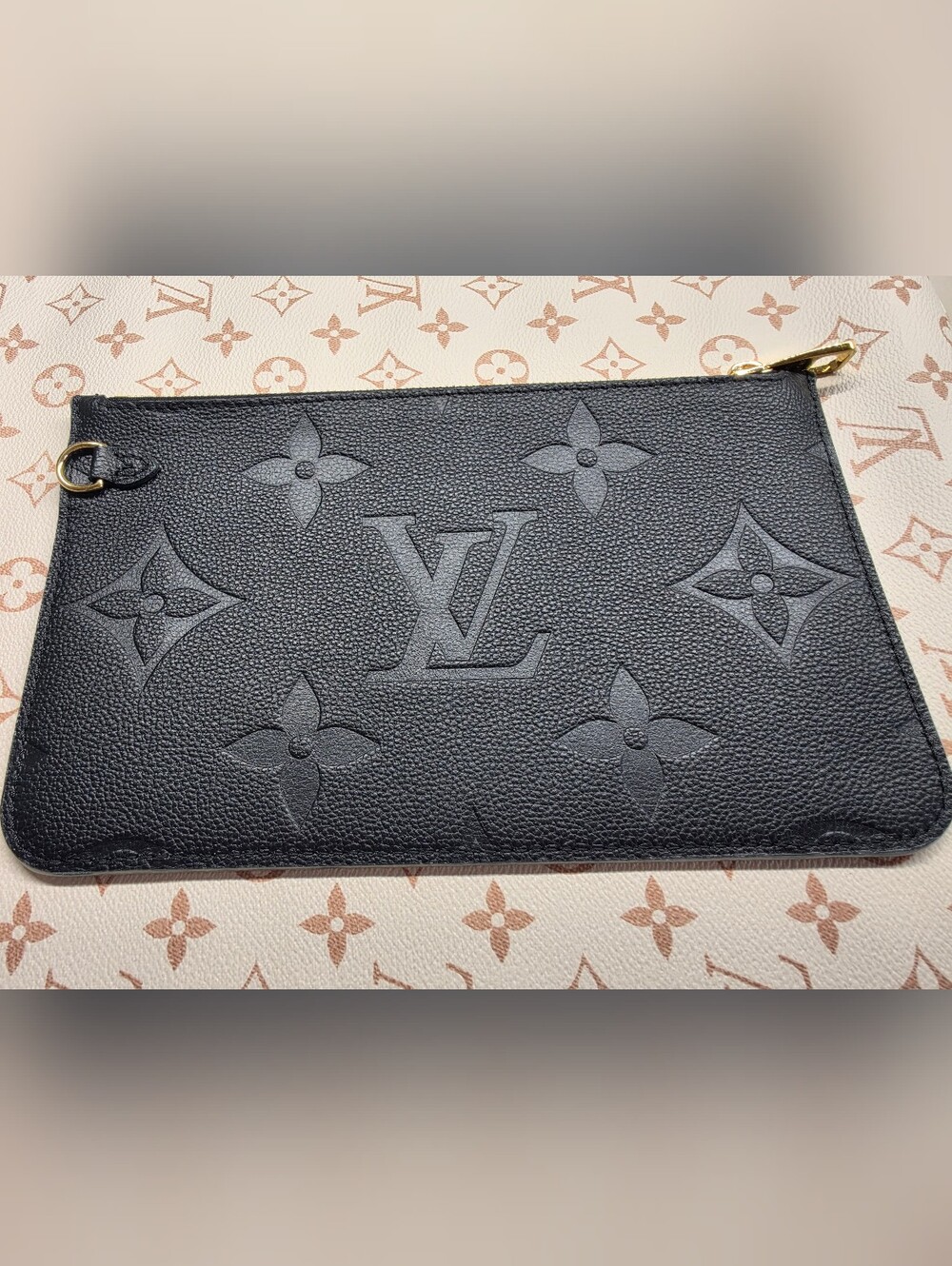 Louis Vuitton Neverfull Black Embossed Monogram Pouch with Gold Zipper - Picture 6 of 12